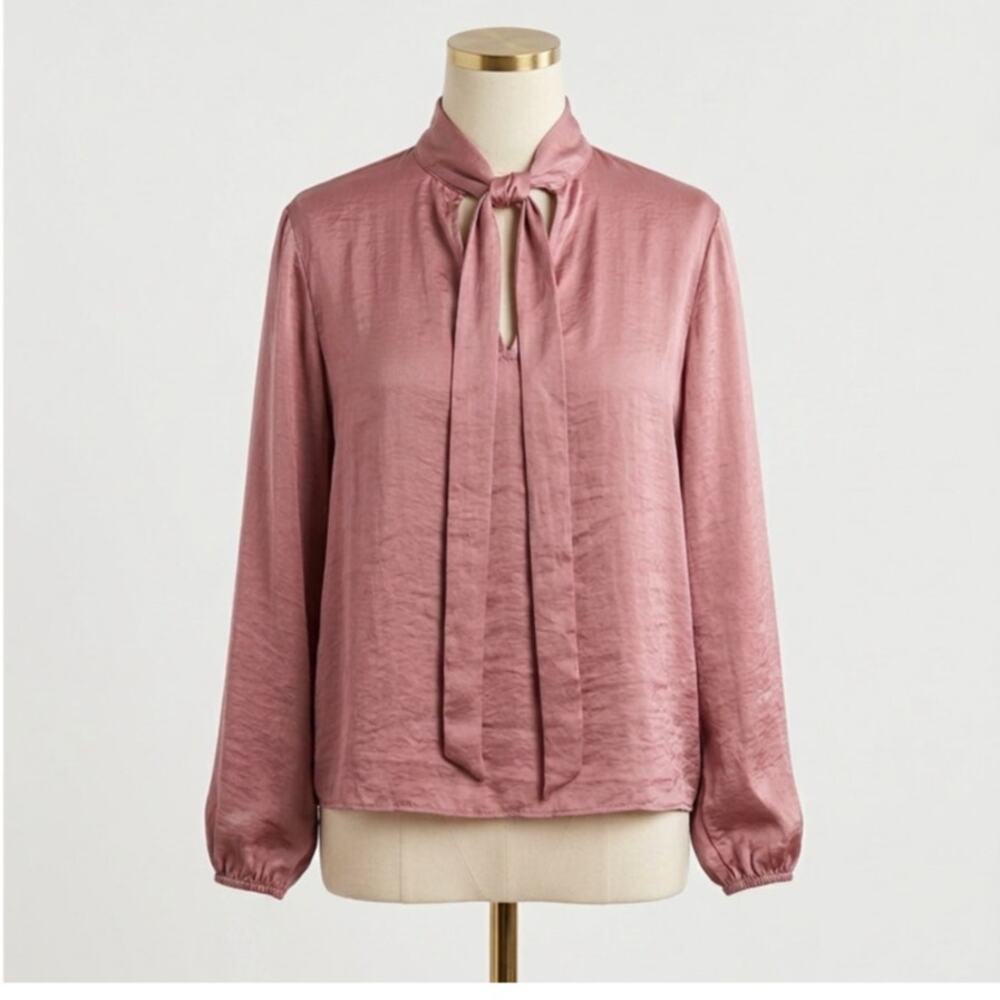 Paige Cerrita Satin Tie Neck Blouse - Mauve Pink - Silk Look - Size L